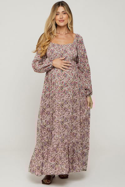 Elloh Mauve Floral Long Sleeve Maternity Maxi Dress