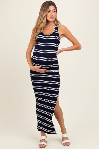 PinkBlush Navy Black Striped Side Slit Maternity Maxi Dress