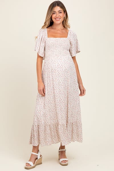 In February Cream Multi Ditsy Floral Smocked Maternity Midi Dress