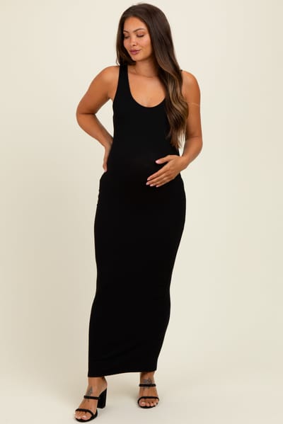 PinkBlush Black Scoop Neck Sleeveless Rayon Rib Maternity Maxi Knit Dress