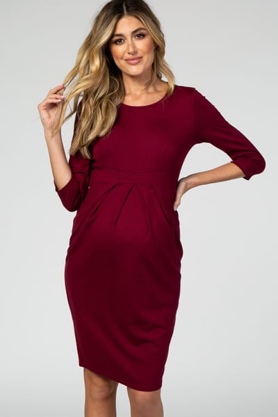 Hello Miz Burgundy 3/4 Sleeves Front Pleated Maternity Dress