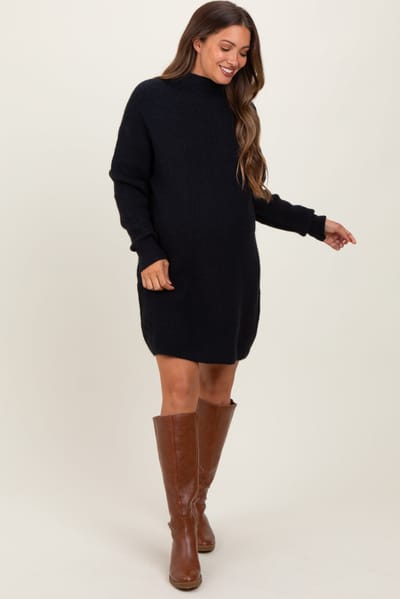 Bluivy Black Mock Neck Maternity Mini Sweater Dress