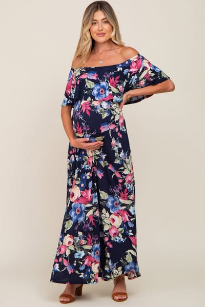 PinkBlush Navy Floral Off Shoulder Flounce Maternity Maxi Dress