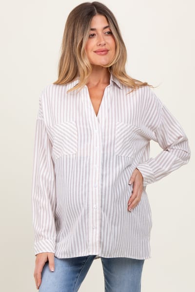 MIOU MUSE Beige Striped Double Pocket Maternity Button Down Top