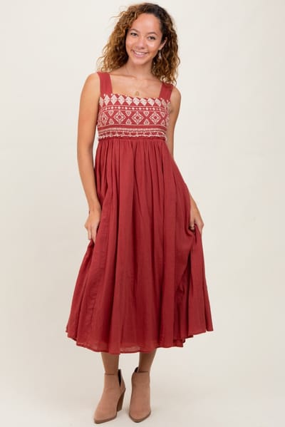 Camellia Rust Embroidered Sleeveless Midi Dress