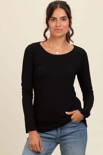 Hello Miz Black Ribbed Knit Long Sleeve Lettuce Hem Top
