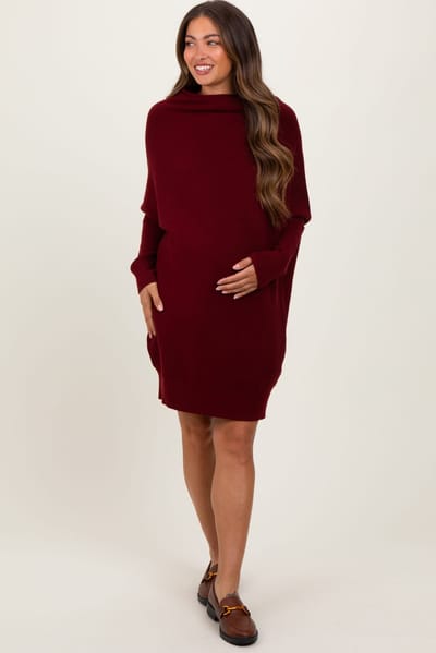 PinkBlush Burgundy Funnel Neck Dolman Sleeve Maternity Mini Dress