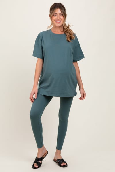 Zenana Outfitters Light Olive Oversized Crewneck Short Sleeve and Legging Maternity Set