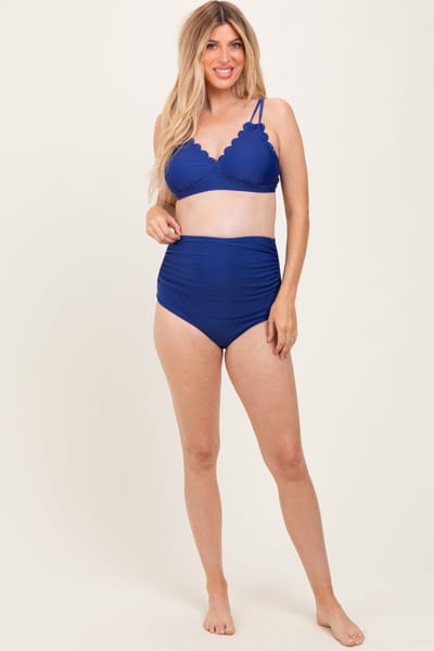 Charmo Navy Scalloped V-Neck High Waist Two-Piece Maternity Swimsuit