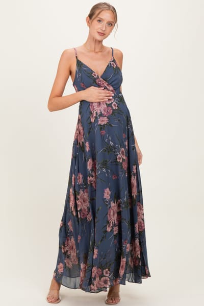 Eesome Dusty Blue Floral V-Neck Sleeveless Maternity Maxi Dress