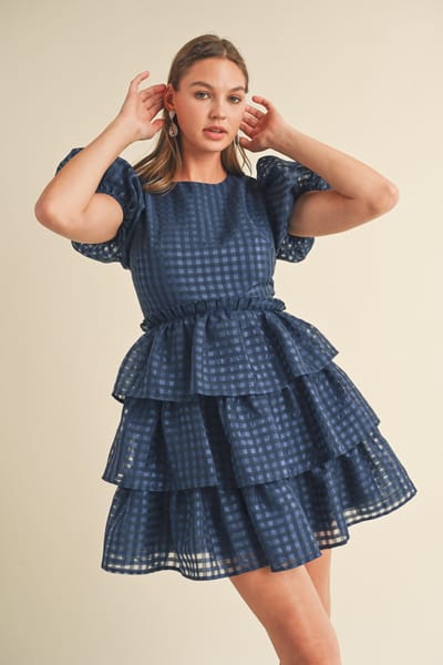 &merci Navy Puff Sleeve Tiered Layer Mini Dress