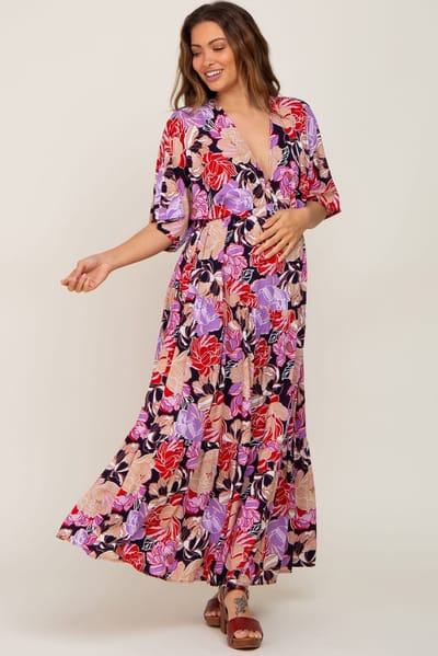 PinkBlush Navy Blue Floral Deep V-Neck Tiered Maternity Maxi Dress