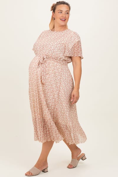 PinkBlush Cream Multi Printed Floral Waist Tie Plus Maternity Midi Dress