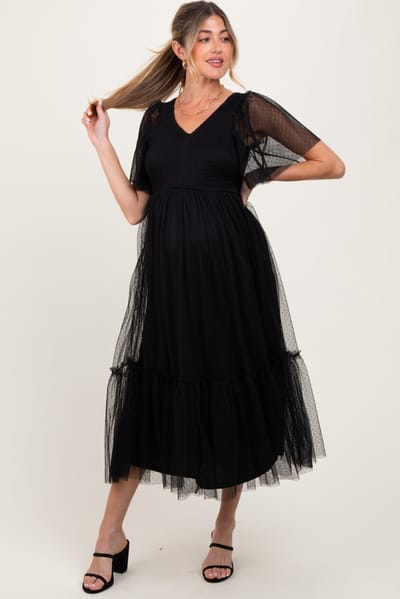 Dress Day Black Dotted Tulle Smocked Maternity Midi Dress