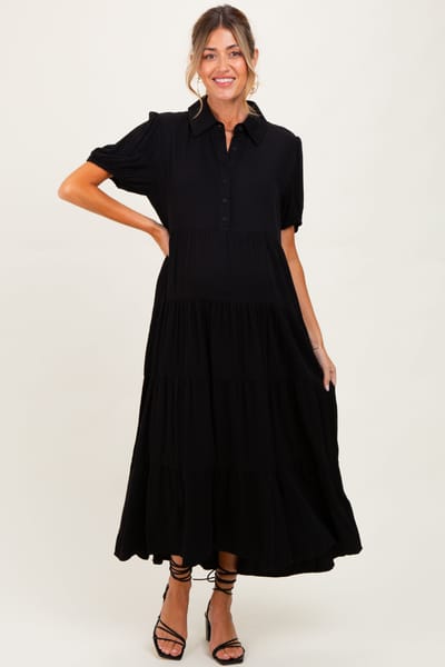 PinkBlush Black Collared Button Down Tiered Maternity Midi Dress