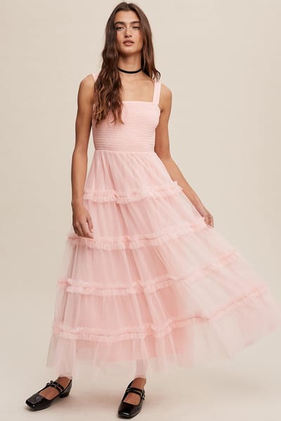 Listicle Light Pink Smocked Ruffle Tiered Tulle Midi Dress