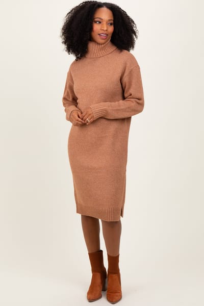 Zenana Outfitters Camel Turtleneck Side Slit Midi Sweater Dress