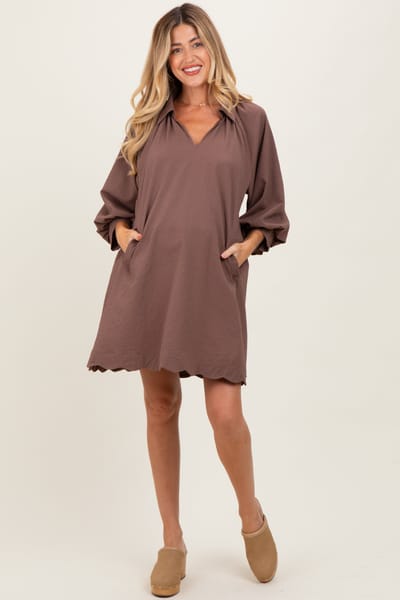 Umgee Brown Textured Collared 3/4 Puff Sleeve Maternity Dress