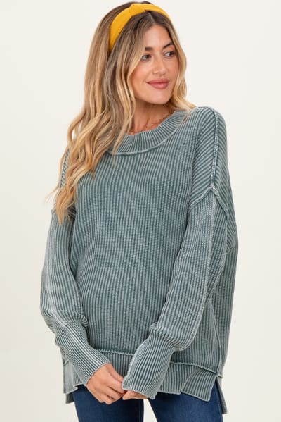 Zenana Outfitters Jade Washed Side Slit Oversized Maternity Sweater