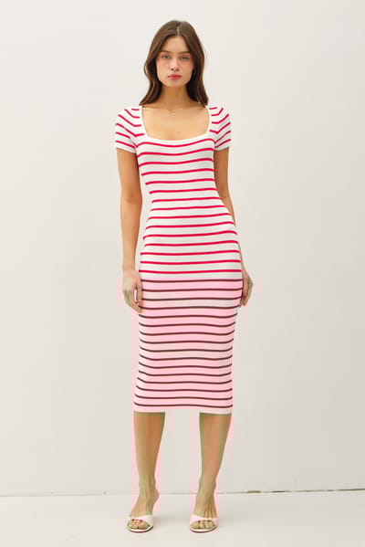 Be Cool Red Striped Square Neck Short Sleeve Midi Dress