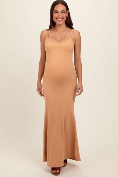 PinkBlush Camel Sleeveless Ribbed Maternity Maxi Dress