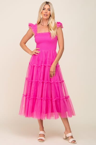 BiBi Fuchsia Smocked Mesh Ruffle Accent Midi Dress