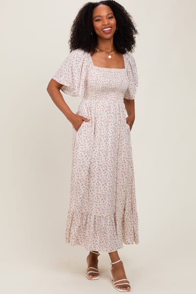 In February Cream Multi Ditsy Floral Smocked Midi Dress