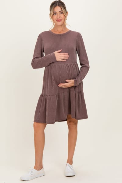 PinkBlush Brown Textured Rib Tiered Long Sleeve Maternity Dress