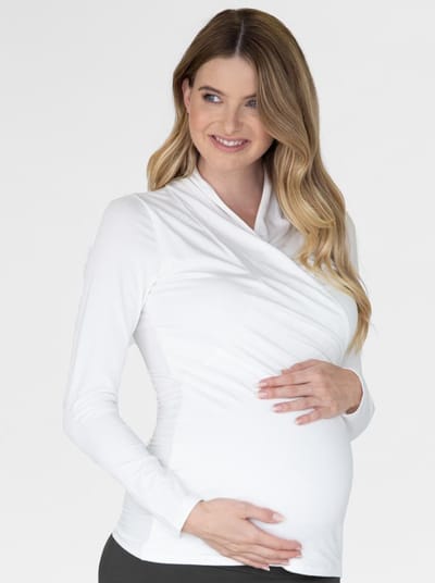 Angel Maternity White Maternity Crossover Bamboo Long Sleeve Top