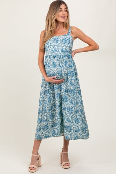 Umgee Blue Abstract Print Maternity Midi Dress