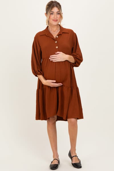 Rhea + Thea Camel Long Sleeve Button Down Collared Tiered Maternity Dress