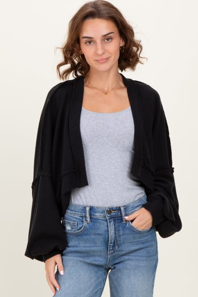 Rhea + Thea Black Solid Ribbed Long Sleeve Cropped Cardigan