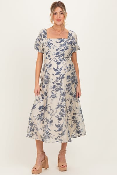 PinkBlush Navy Blue Floral Square Neck Puff Sleeve Maternity Midi Dress