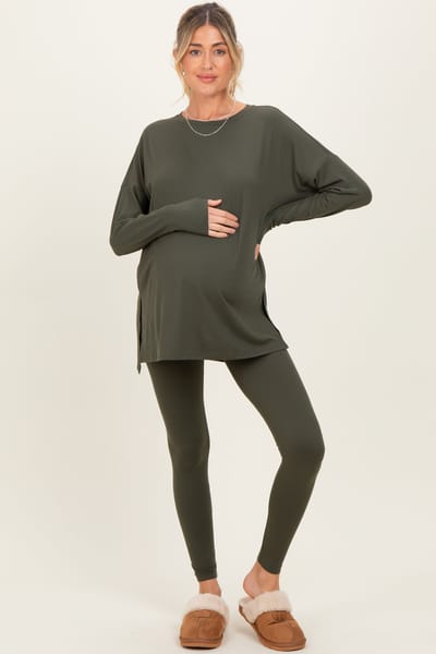 Zenana Outfitters Olive Brushed Knit Maternity Oversized Top and Legging Set