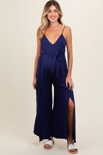Hello Miz Navy Blue Sleeveless V-Neck Split Hem Maternity Jumpsuit