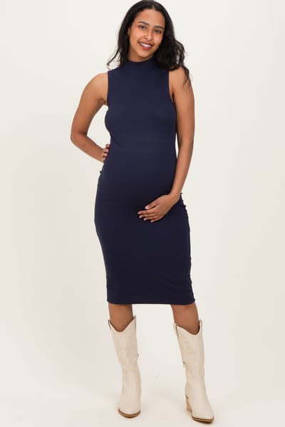 PinkBlush Navy Ribbed Mock Neck Maternity Midi Dress