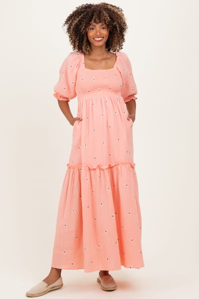 PinkBlush Light Pink Floral Smocked Puff Sleeve Maternity Maxi Dress