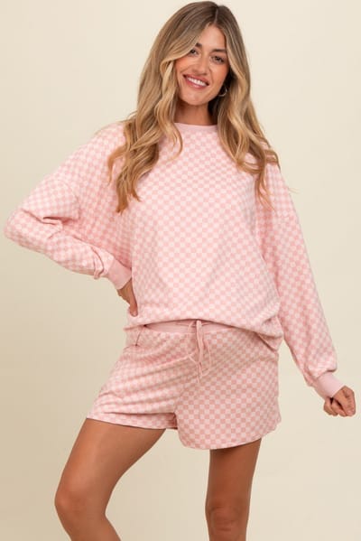 AnnieWear Mauve Checkered Plaid Pullover Shorts Maternity Set