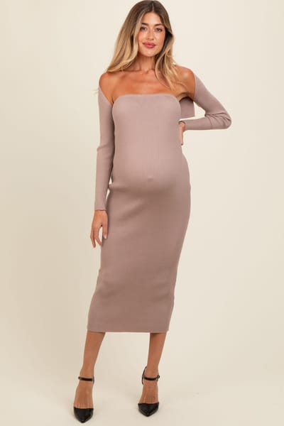 PinkBlush Taupe Knit Shrug Fitted Maternity Midi Dress