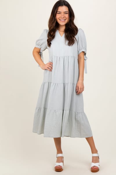 Tea N Rose Light Blue Split V-Neck Sleeve Tie Tiered Midi Dress