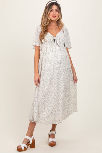 PinkBlush Peach Floral Front Tie Maternity Midi Dress