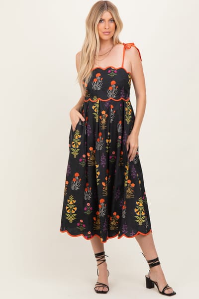 Entro Black Floral Scallop Edge Shoulder Tie Midi Dress