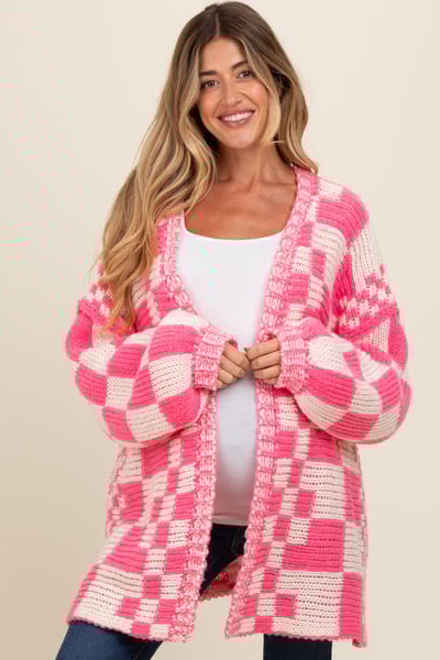 BiBi Fuchsia Mixed Check Pattern Chunky Maternity Cardigan