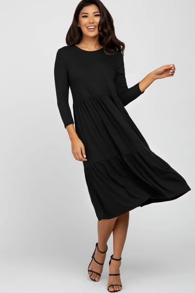 Rhea + Thea Black Tiered Ribbed 3/4 Sleeve Midi Dress