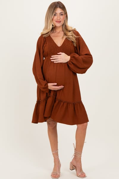 Rhea + Thea Brown Long Sleeve V-Neck Tiered Maternity Midi Dress