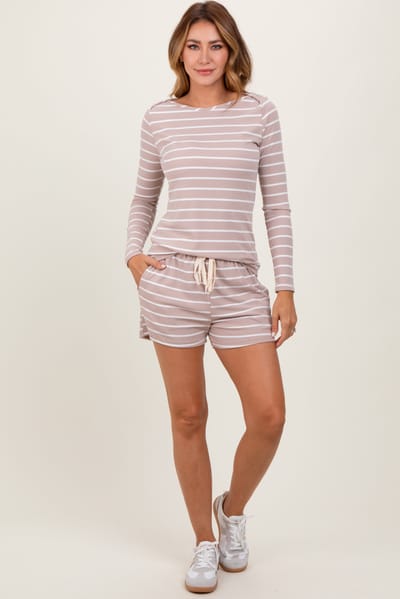 Rhea + Thea Beige Striped Ribbed Long Sleeve Top Drawstring Short Set