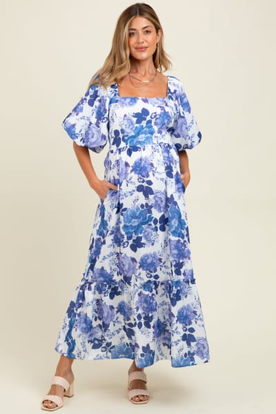 Sweet Lemon Blue Floral Square Neck Puffed Sleeve Maternity Maxi Dress