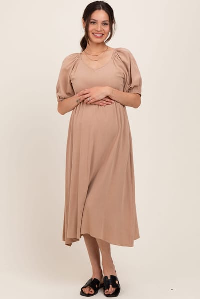 PinkBlush Tan Linen Short Puff Sleeve Maternity Midi Dress