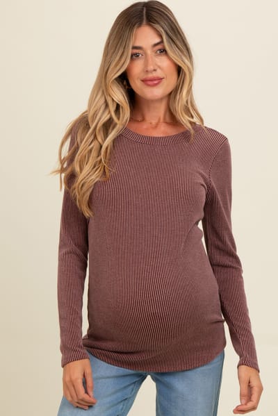 PinkBlush Brown Ribbed Scoop Neck Long Sleeve Maternity Top