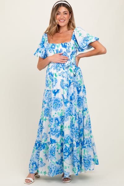 Flying Tomato Blue Floral Smocked Puff Sleeve Maternity Maxi Dress